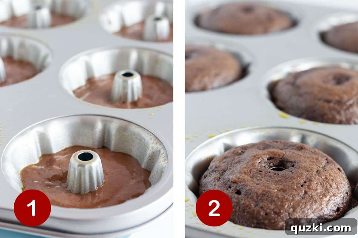 Two-panel image illustrating steps 1 and 2 of making mini chocolate bundt cakes. Panel 1 shows making the cake batter and filling the bundt pan. Panel 2 shows the baked cakes cooling in the pan.