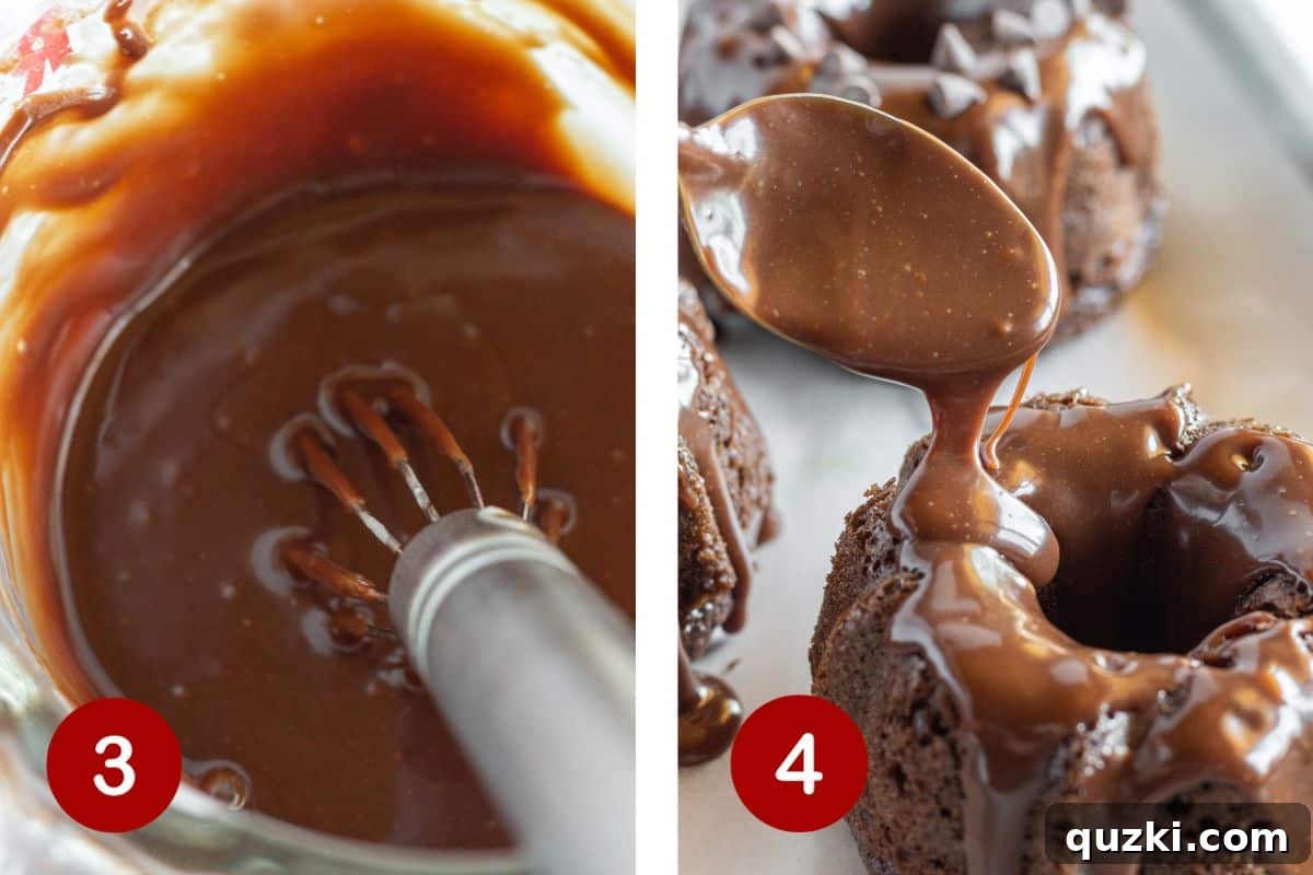 Two-panel image illustrating steps 3 and 4 of making mini chocolate bundt cakes. Panel 3 shows preparing the smooth chocolate ganache. Panel 4 shows drizzling the ganache over cooled mini bundt cakes and adding toppings.