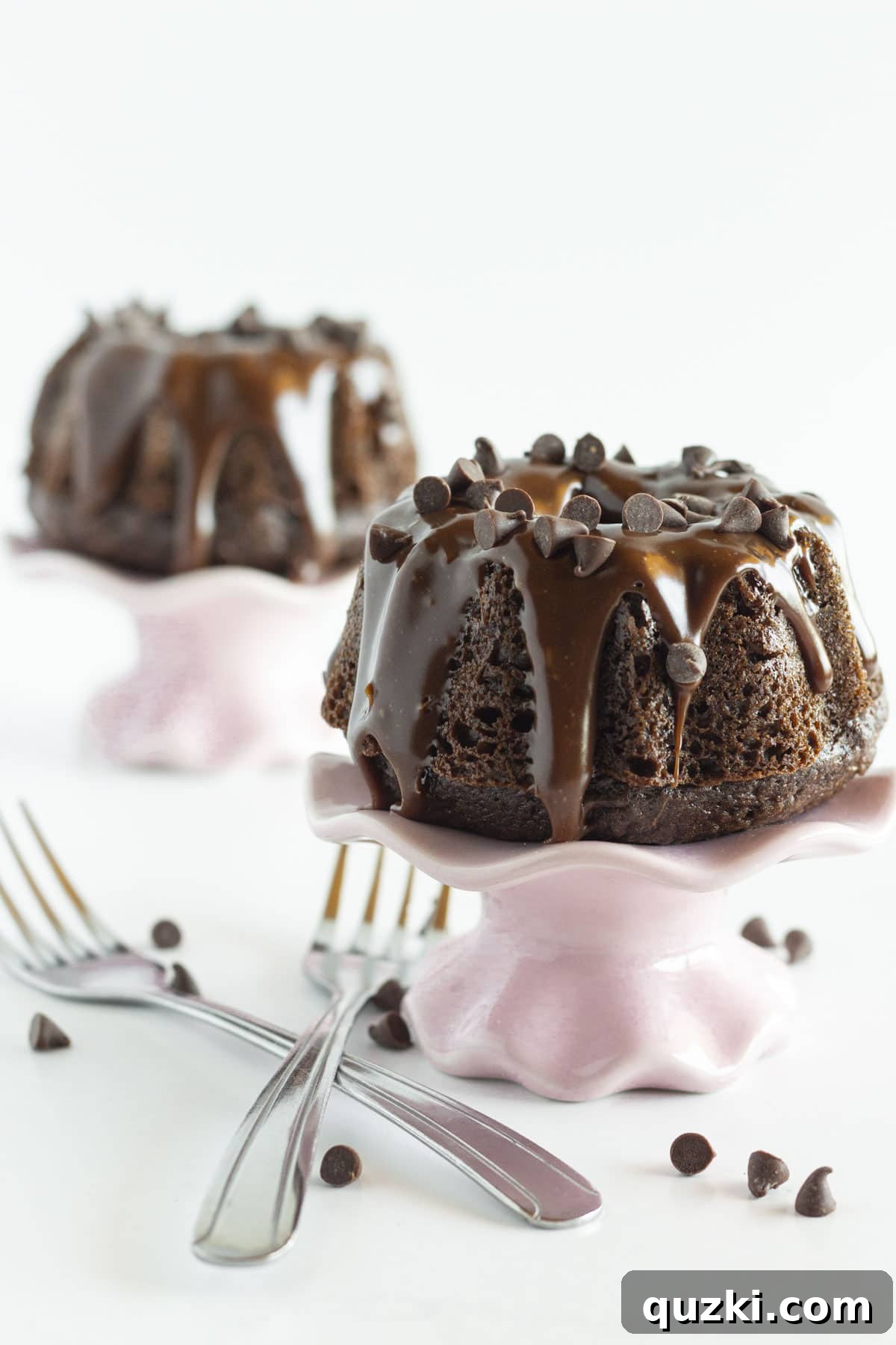 A close-up of a single Mini Chocolate Bundt Cake, showcasing the detailed bundt shape, the smooth ganache, and sprinkled with mini chocolate chips, on a white background.