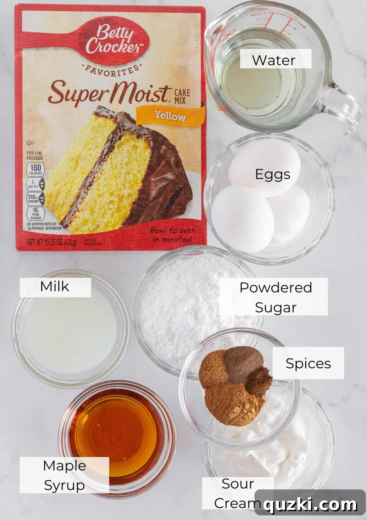 All the essential ingredients neatly arranged, ready to be combined for making a delicious spice bundt cake.