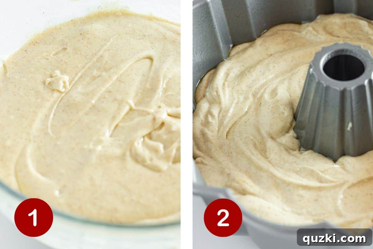 Image illustrating steps 1 and 2 of making a spice cake. First, mixing the cake batter, and second, pouring the batter into a prepared bundt pan.