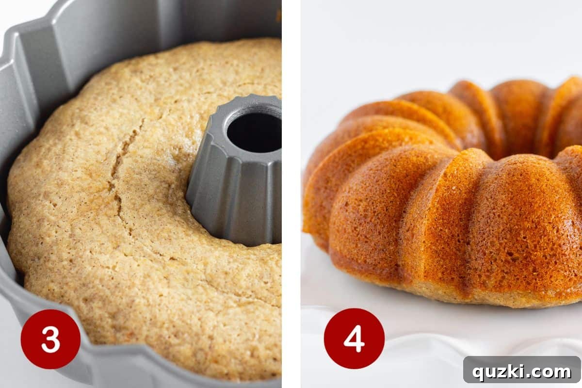 Image illustrating steps 3 and 4 for making a spice bundt cake. Third, baking the cake and letting it cool in the pan, and fourth, inverting the cake onto a plate to cool fully.