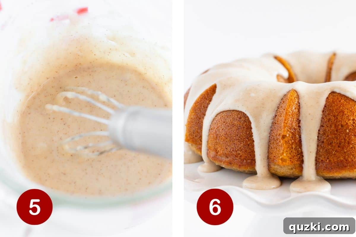 Image illustrating steps 5 and 6 of making a spice cake. Fifth, preparing the maple glaze, and sixth, pouring the glaze over the cooled cake.