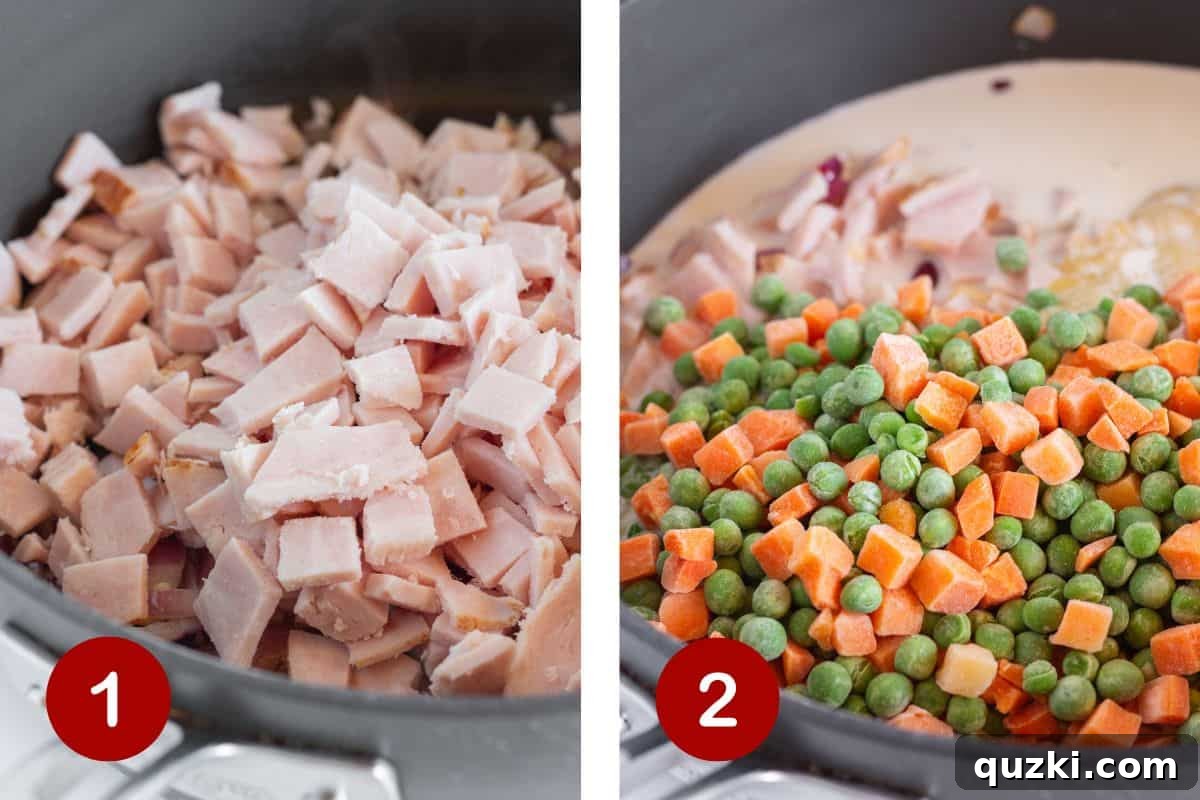 Two side-by-side images: Step 1 shows cooked turkey being added to sautéed onions and garlic in a skillet. Step 2 shows frozen peas, carrots, cream of chicken soup, chicken broth, and milk being stirred into the turkey mixture in the skillet.