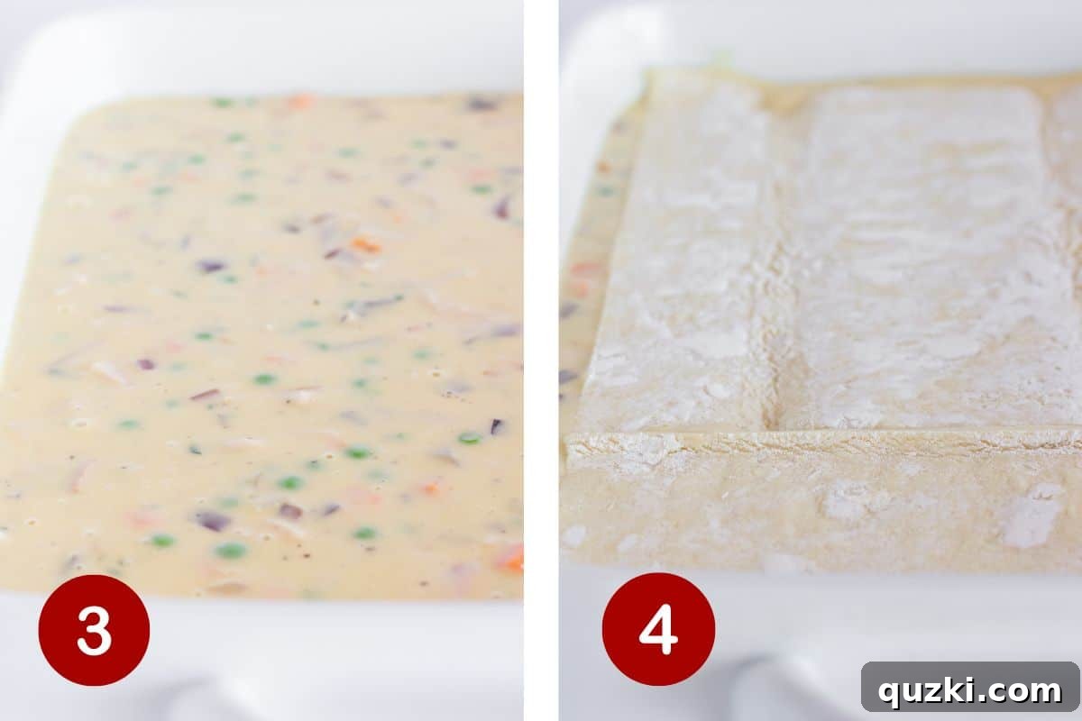Two side-by-side images: Step 3 shows the turkey pot pie filling evenly spread in a baking dish. Step 4 shows two pieces of puff pastry laid over the top of the turkey pot pie filling, covering it completely.