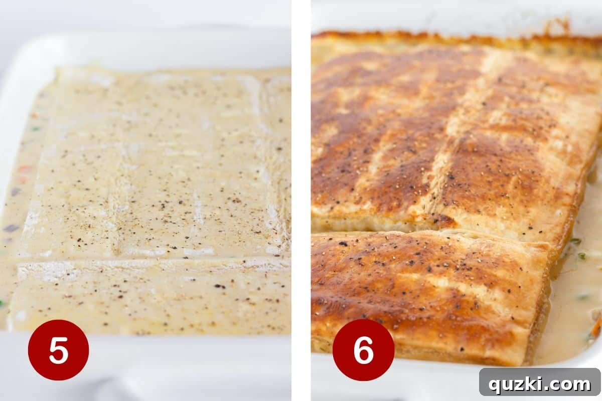 Two side-by-side images: Step 5 shows an unbaked turkey pot pie with puff pastry topped with egg wash and black pepper. Step 6 shows the perfectly baked turkey pot pie with golden brown, puffed pastry crust.
