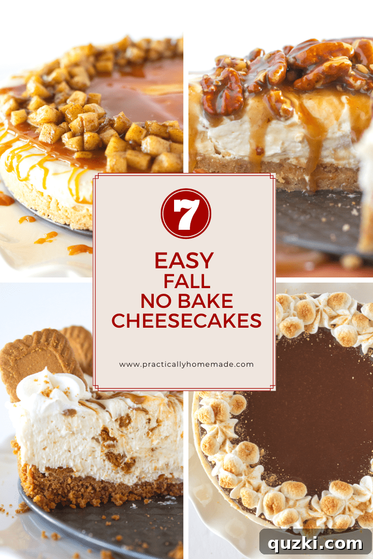 A vibrant selection of delicious no-bake cheesecakes, beautifully arranged and perfect for enjoying during the fall season and holidays.