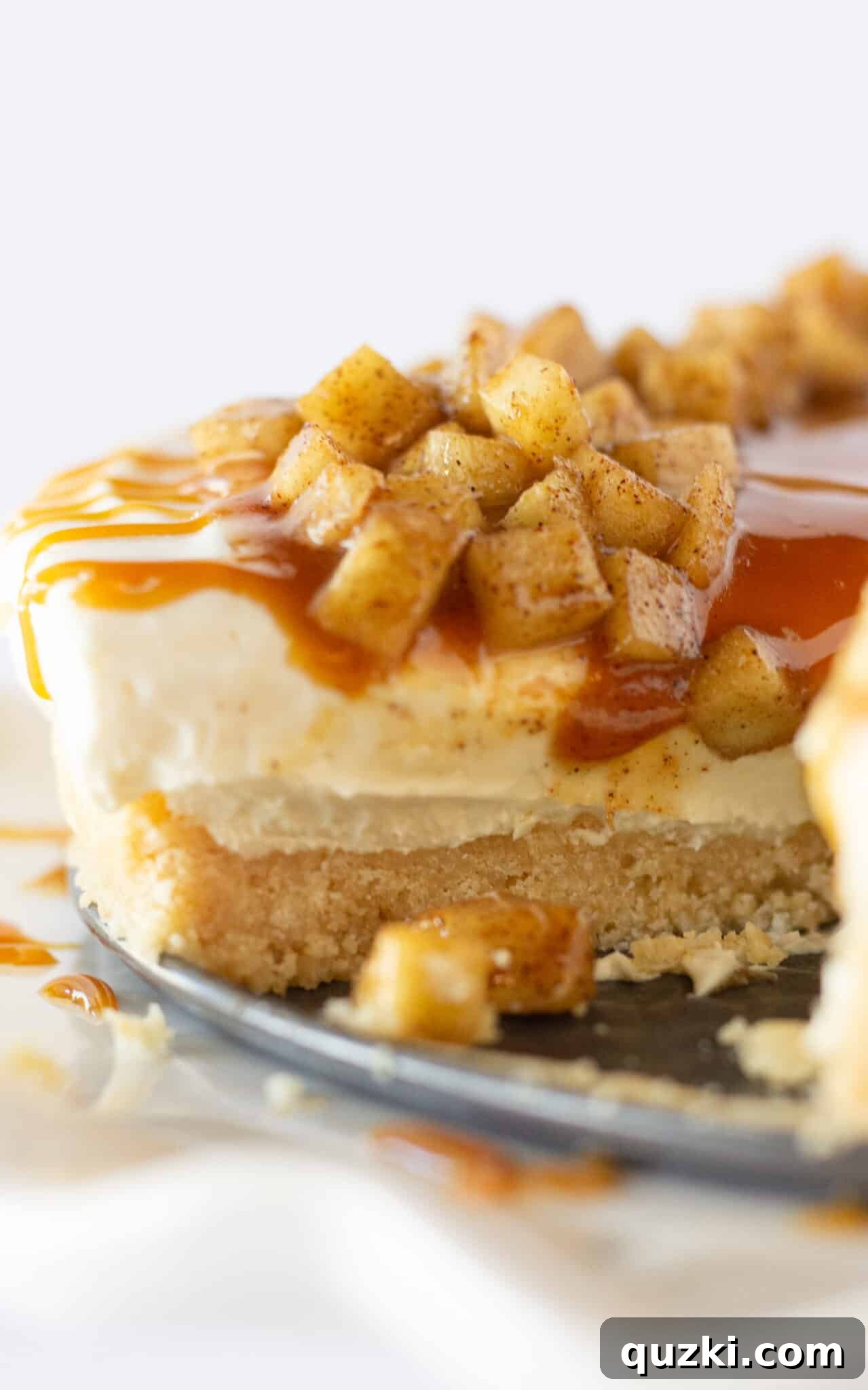 Delicious Caramel Apple No Bake Cheesecake showcasing a luscious caramel drizzle over creamy filling and a crunchy crust.