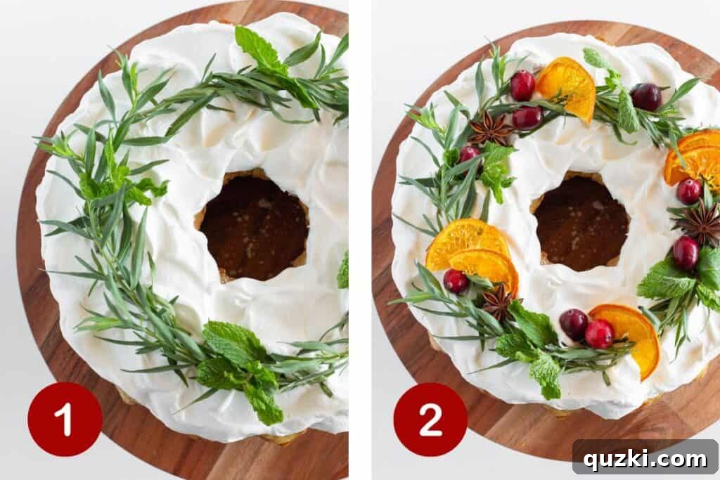 Festive Bundt Wreath Delight 3 Steps 1 and 2 of making a Christmas wreath cake. 1, top with whipped cream and herbs. 2, add fruit and star anise.