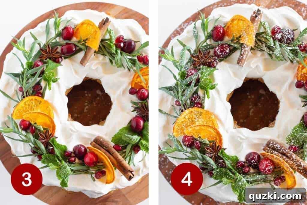 Festive Bundt Wreath Delight 4 Steps 3 and 4 of making Christmas wreath cake. 3, add cinnamons sticks. 4, sprinkle with powdered sugar.