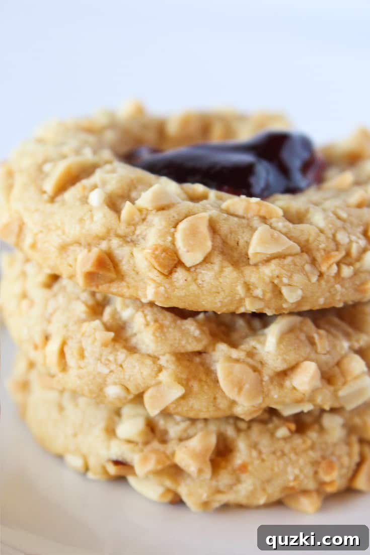 7 Effortless and Amazing Thumbprint Cookies 9 A charming stack of three PB & J Cookies, each expertly crafted with a cake mix, rolled in crunchy chopped peanuts, and generously filled with sweet fruit jam.