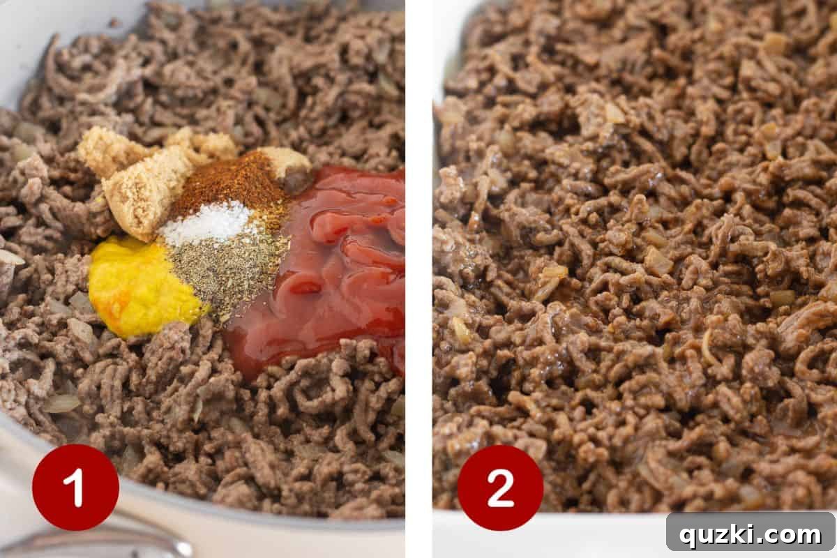 Two sequential images showing the first steps of making sloppy joe casserole: first, browning ground beef with onions and garlic, and second, adding the seasoned meat mixture into a casserole dish.