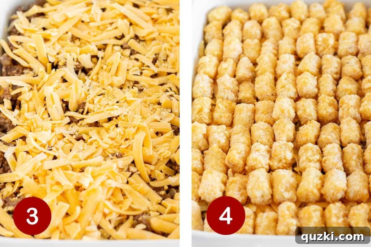 Two sequential images demonstrating the final assembly of a sloppy joe tater tot casserole: first, topping the meat mixture with shredded cheese, and second, adding a layer of tater tots before baking.