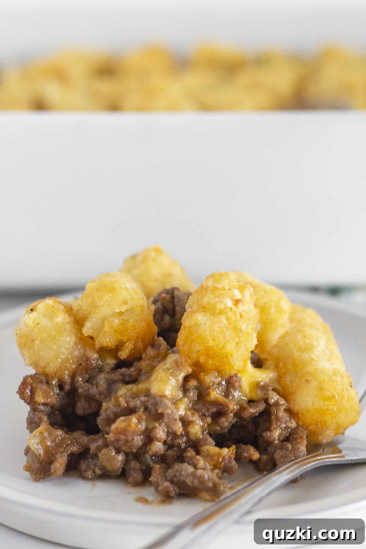 A perfectly portioned serving of sloppy joe tater tot casserole on a white plate, ready for dinner.