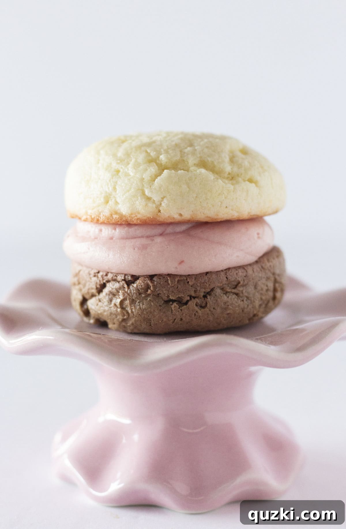 20 Festive Cake Mix Cookies Made Easy 12 A beautifully layered cake mix Neapolitan cookie, showcasing its distinct vanilla, chocolate, and strawberry sections, presented on a charming pink plate.
