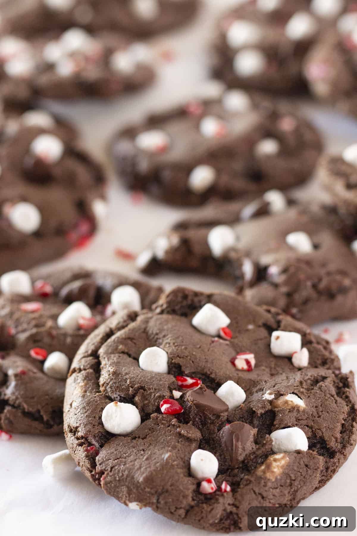 20 Festive Cake Mix Cookies Made Easy 4 Close-up of delectable Peppermint Hot Cocoa Cookies, adorned with crushed peppermint pieces and fluffy mini marshmallows, radiating holiday cheer.