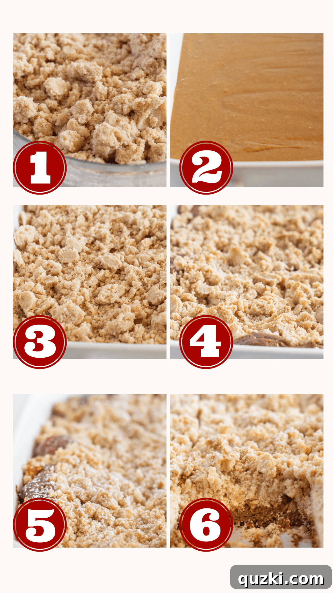 Simple Spiced Gingerbread Coffee Cake 4 A collage of six step-by-step photos illustrating the process of making a delicious and easy gingerbread crumb cake, from mixing ingredients to the final baked product.