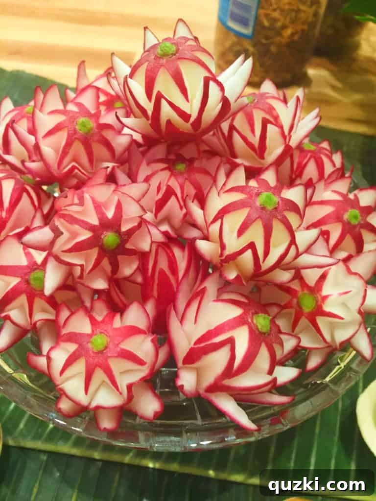 Artfully carved radish flowers, a creative culinary garnish