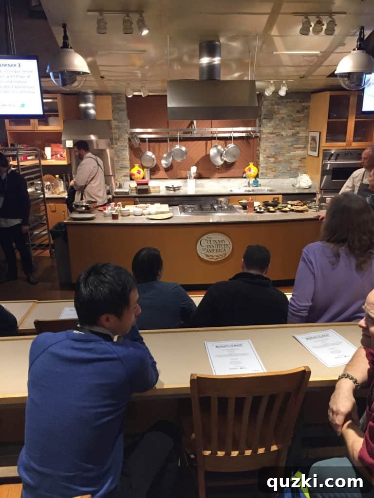 Inside a modern demonstration kitchen at the Culinary Institute of America Greystone