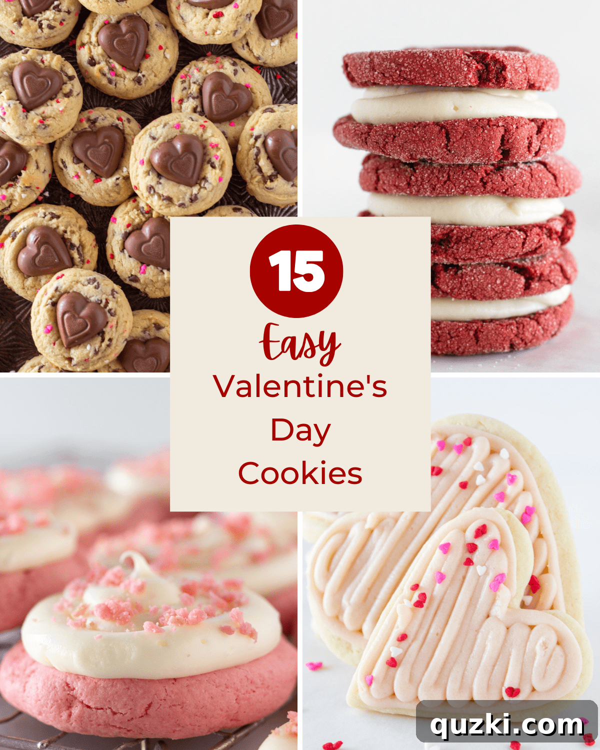 A charming collage showcasing four different easy Valentine's Day cookie designs, including heart-shaped sugar cookies, chocolate chip cookies with festive sprinkles, and pink-frosted treats, all perfect for sharing love.