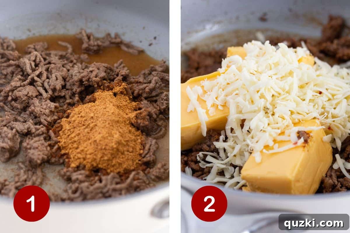 Browning the ground beef in a skillet and adding the cheese cubes to melt.