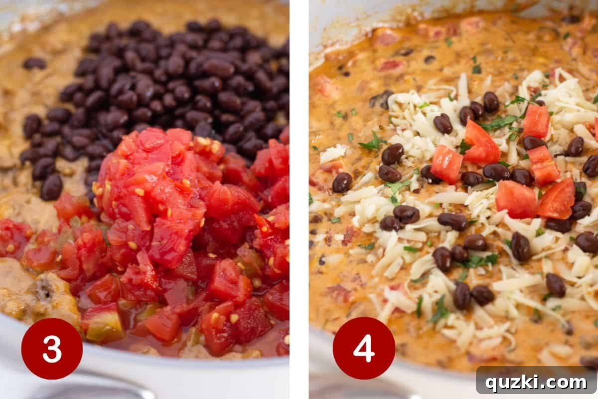 Adding black beans and Rotel to the melted queso, then garnishing with fresh cheese and cilantro.