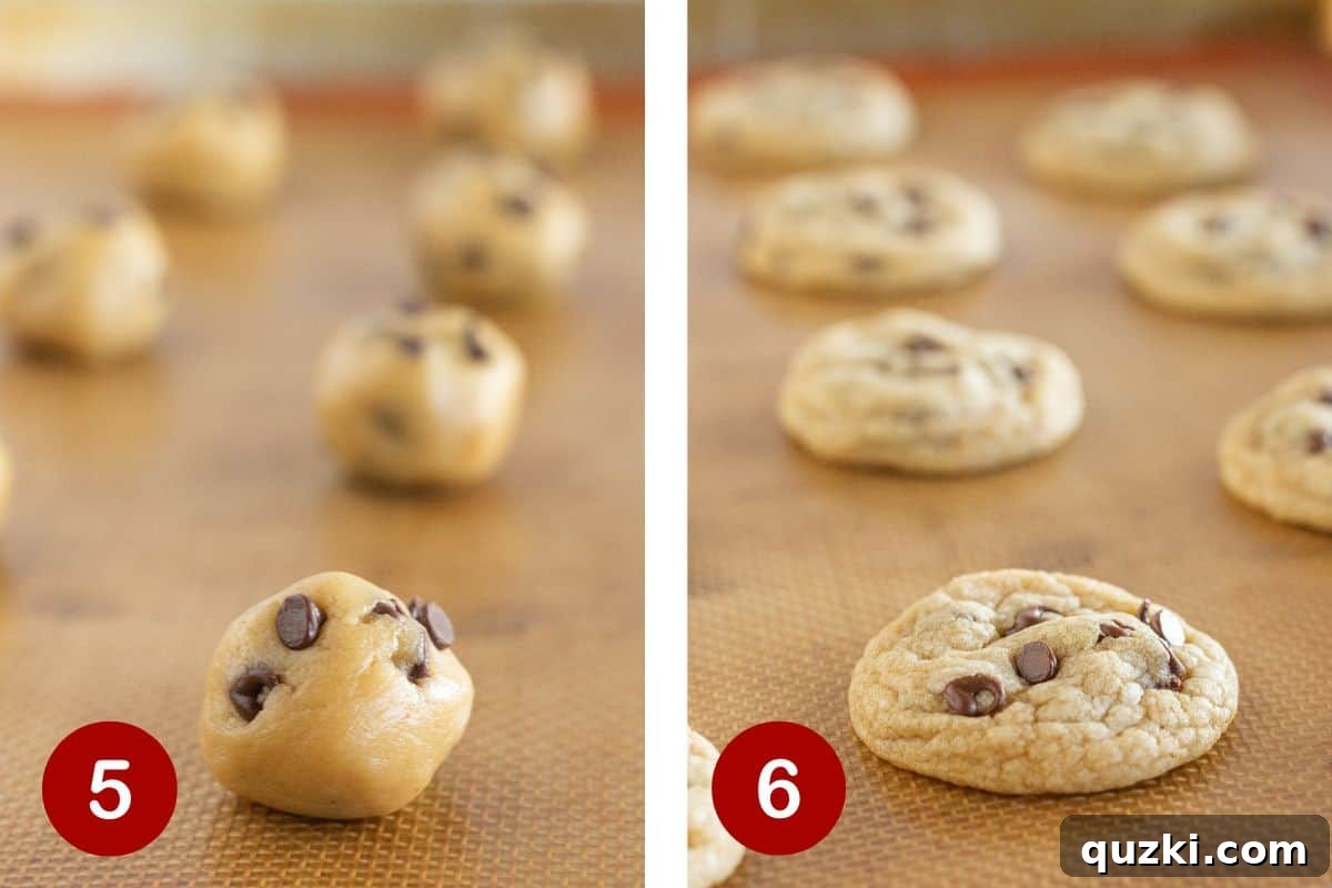 Miniature Chocolate Delights 6 Two images depicting the final baking steps for mini chocolate chip cookies: rolling dough balls and placing them on a baking sheet, followed by a tray of freshly baked cookies cooling.
