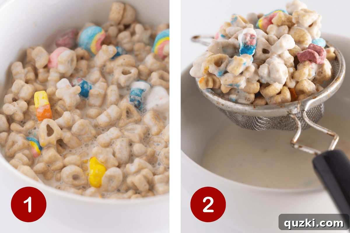 Cereal Milk Magic Frosting 4 Two images demonstrating the process of making cereal milk frosting. The first image shows cereal soaking in heavy cream, and the second shows the cream being strained through a fine sieve.