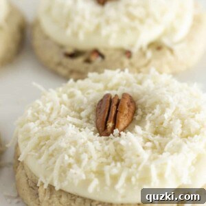 Delicious Easy Coconut Pecan Cookies with cream cheese frosting and toppings, presented as a recipe card image.