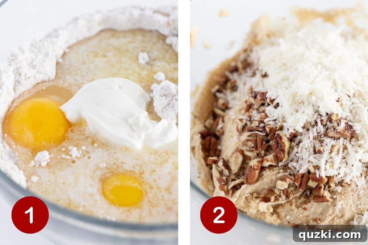 Steps 1 and 2 of making pecan coconut cookies. The first image shows dry ingredients being whisked, and wet ingredients being added to form the dough. The second image shows sweetened coconut and chopped pecans being folded into the thick cookie dough.
