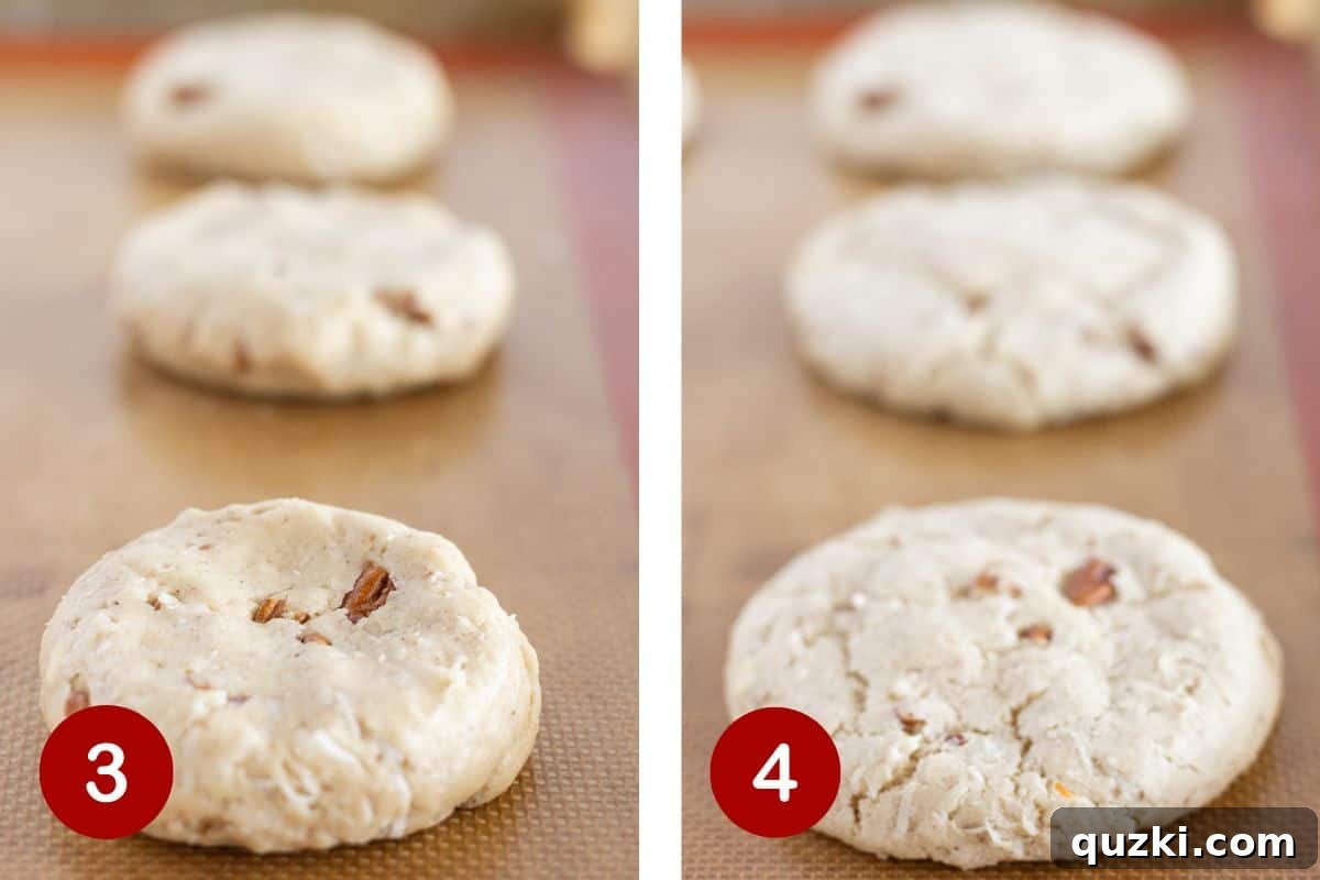 Steps 3 and 4 of making coconut pecan cookies. The first image shows cookie dough being formed into discs, and the second image shows the cookies baking on a sheet in the oven.