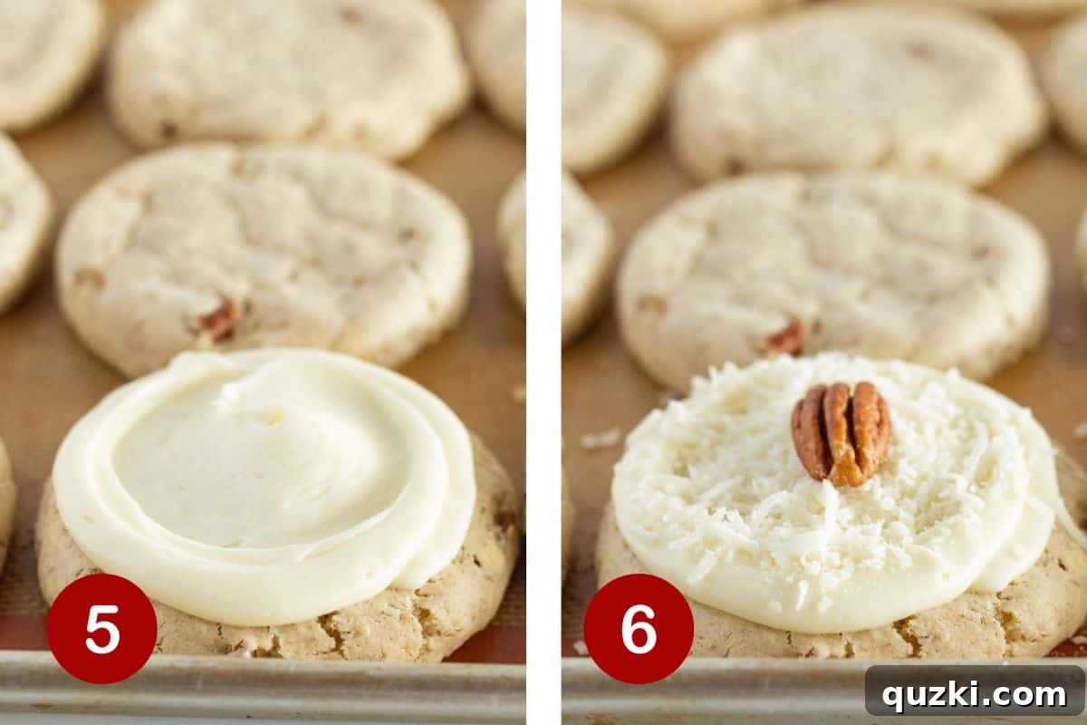 Steps 5 and 6 of making coconut pecan cookies. The first image shows frosted cookies, and the second image shows additional coconut and a pecan halve being added to the top as garnish.