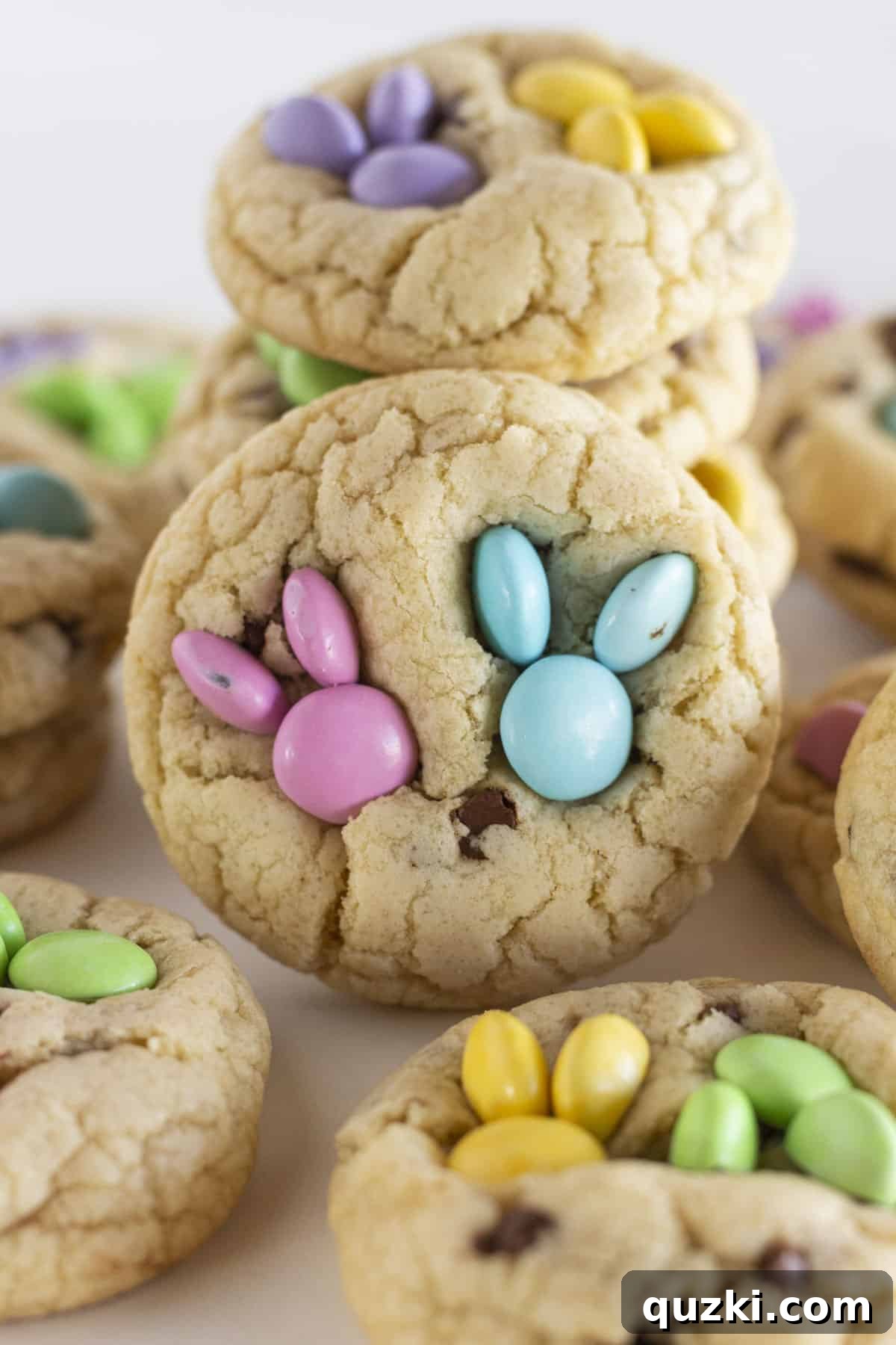 Hoppy Easter Chocolate Chip Delights 2 A dozen Easter chocolate chip cookies with spring M&M candies added to look like a bunny head.