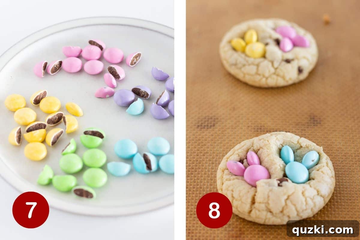 Hoppy Easter Chocolate Chip Delights 8 Cutting the Easter M&M candies and adding them to the baked chocolate chip cookies.