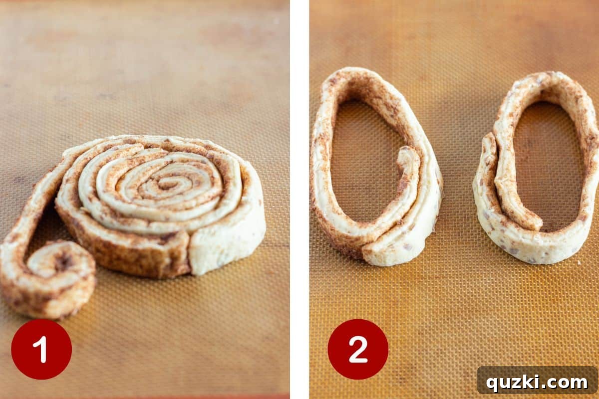 Hoppy Cinnamon Delights 4 Step-by-step imagery showing the initial stages of forming a bunny cinnamon roll. Image 1 illustrates creating the large, spiraled head of the bunny using several unrolled cinnamon rolls. Image 2 depicts the delicate process of shaping two distinct triangular ears from additional dough strips.