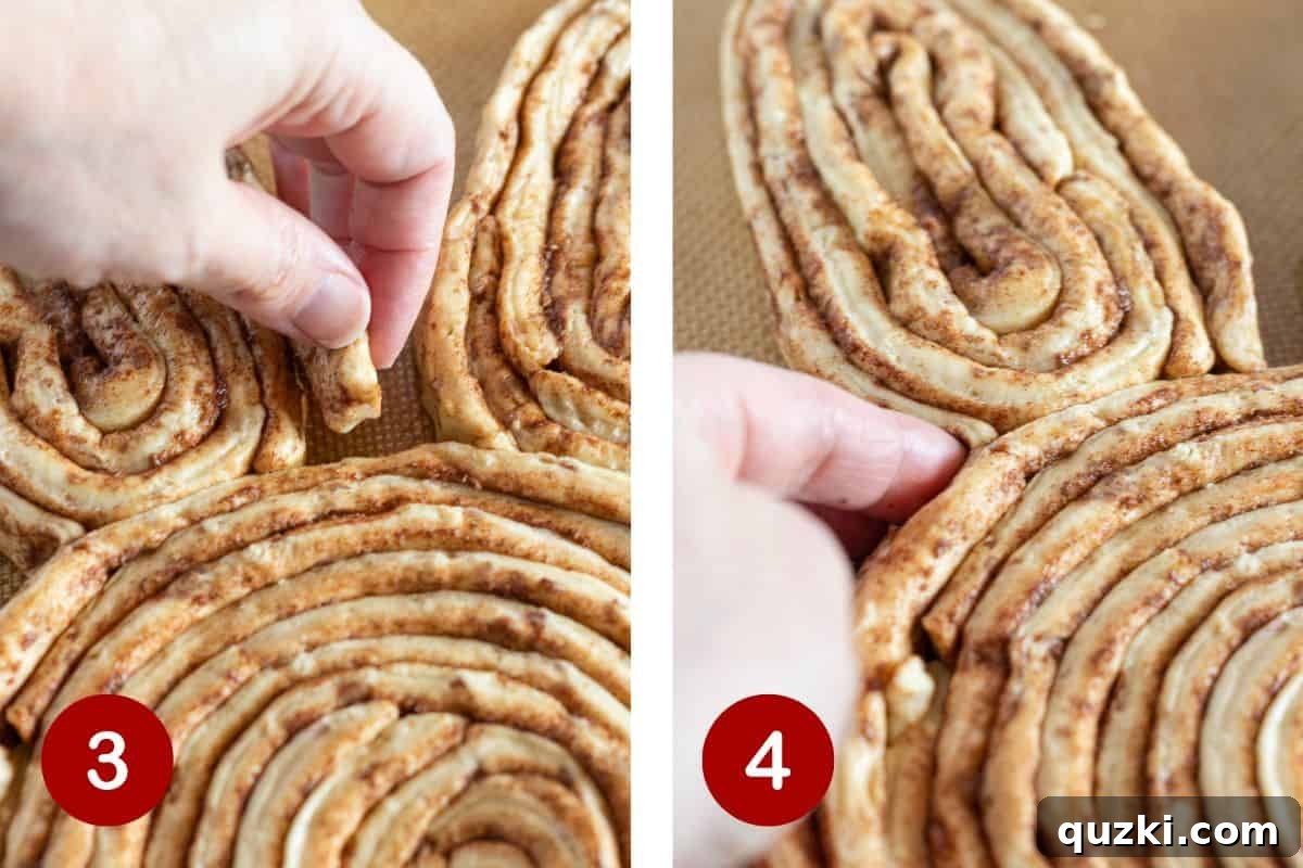 Hoppy Cinnamon Delights 5 Visual guide for steps 3 and 4 of making a cinnamon roll bunny. Image 3 demonstrates how to use a cinnamon roll strip to securely connect the shaped ears to the bunny's head. Image 4 highlights the technique of pressing fingers into the dough to define shapes and ensure seamless integration of the bunny's features before baking.