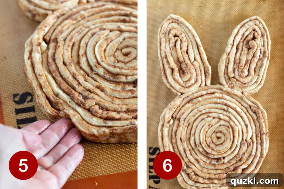 Hoppy Cinnamon Delights 6 The final preparation steps for the giant bunny cinnamon roll. Image 5 shows the technique of tucking dough ends underneath for a smooth, finished surface. Image 6 presents the completed, unbaked bunny, meticulously shaped and ready to enter the oven for baking.