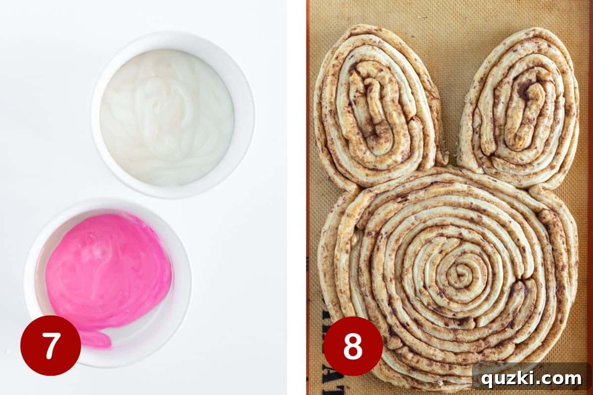 Hoppy Cinnamon Delights 7 The two concluding steps for preparing the bunny cinnamon roll. Image 7 demonstrates the process of dividing the frosting and coloring a portion pink to create the inner ear effect. Image 8 displays the beautifully baked bunny, ready for the final touches of frosting and decoration.
