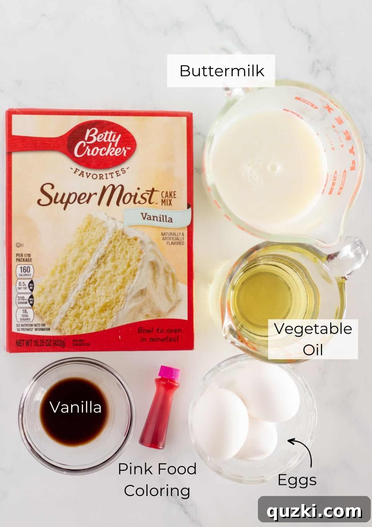 Effortless Easter Bundt Delight 3 The key ingredients needed to bake the perfect pink velvet cake for this festive Easter Bundt Cake.