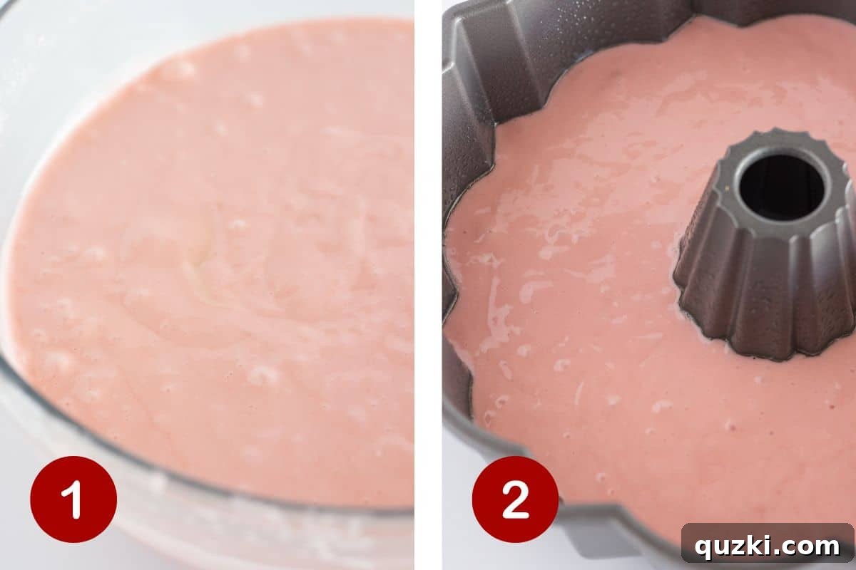 Effortless Easter Bundt Delight 6 Steps 1 and 2 of making an Easter Bundt Cake: assembling the cake batter and pouring it into a prepared bundt pan.