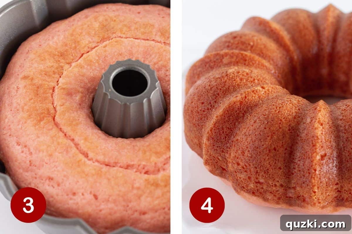 Effortless Easter Bundt Delight 7 Steps 3 and 4 of making an Easter Bundt Cake: baking the bundt cake and then cooling and inverting it onto a plate.