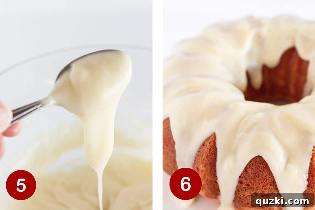 Effortless Easter Bundt Delight 8 Steps 5 and 6 of making an Easter Bundt Cake: preparing the creamy cream cheese glaze and then generously applying it to the cooled cake.