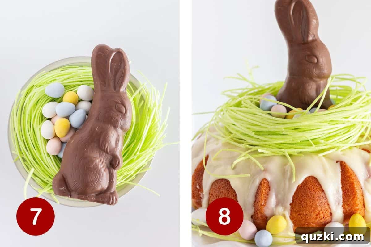 Effortless Easter Bundt Delight 9 Steps 7 and 8 of making an Easter Bundt Cake: gathering the festive Easter candies and then meticulously decorating the top of the cake.