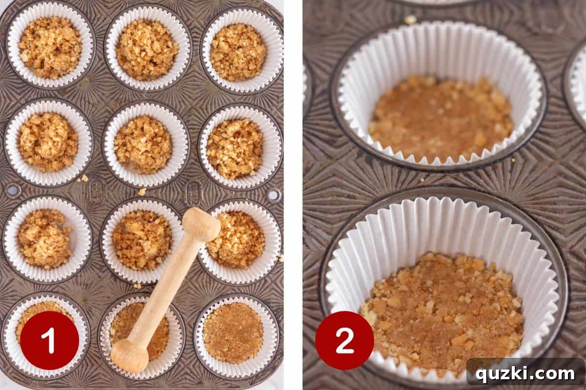 Quick No-Bake Cheesecake Bites 4 Two images side-by-side illustrating the initial steps of making mini no-bake cheesecakes. Image 1 shows muffin cups being filled with vanilla wafer crust mixture, and Image 2 displays finished, pressed mini cheesecake crusts in the liners.