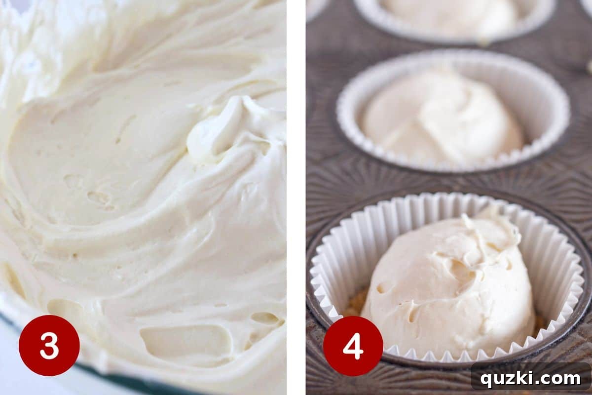 Quick No-Bake Cheesecake Bites 5 Two images side-by-side demonstrating the filling process for mini cheesecakes. Image 3 shows the creamy cheesecake filling being mixed, and Image 4 depicts the filling being carefully added to the mini crusts in the muffin tin.