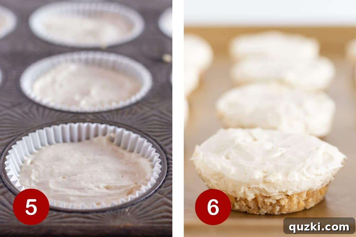 Quick No-Bake Cheesecake Bites 6 Two images side-by-side illustrating the final preparation steps for mini cheesecakes. Image 5 shows the filling being spread into an even layer, and Image 6 captures the moment of removing the cupcake liners from the set cheesecakes.