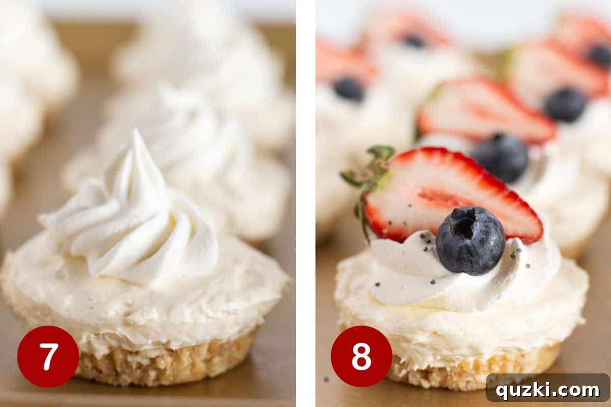 Quick No-Bake Cheesecake Bites 7 Two images side-by-side showing the final garnishing of no-bake mini cheesecakes. Image 7 displays whipped topping being added to the cheesecakes, and Image 8 features fresh fruit (blueberries and strawberries) being placed on top.