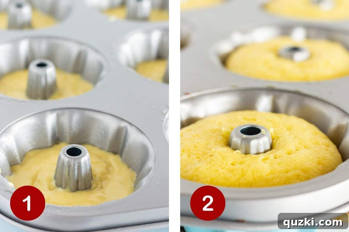 Two sequential images illustrating the first two steps of baking mini lemon bundt cakes: preparing the smooth batter and filling the mini bundt pan precisely to two-thirds capacity.