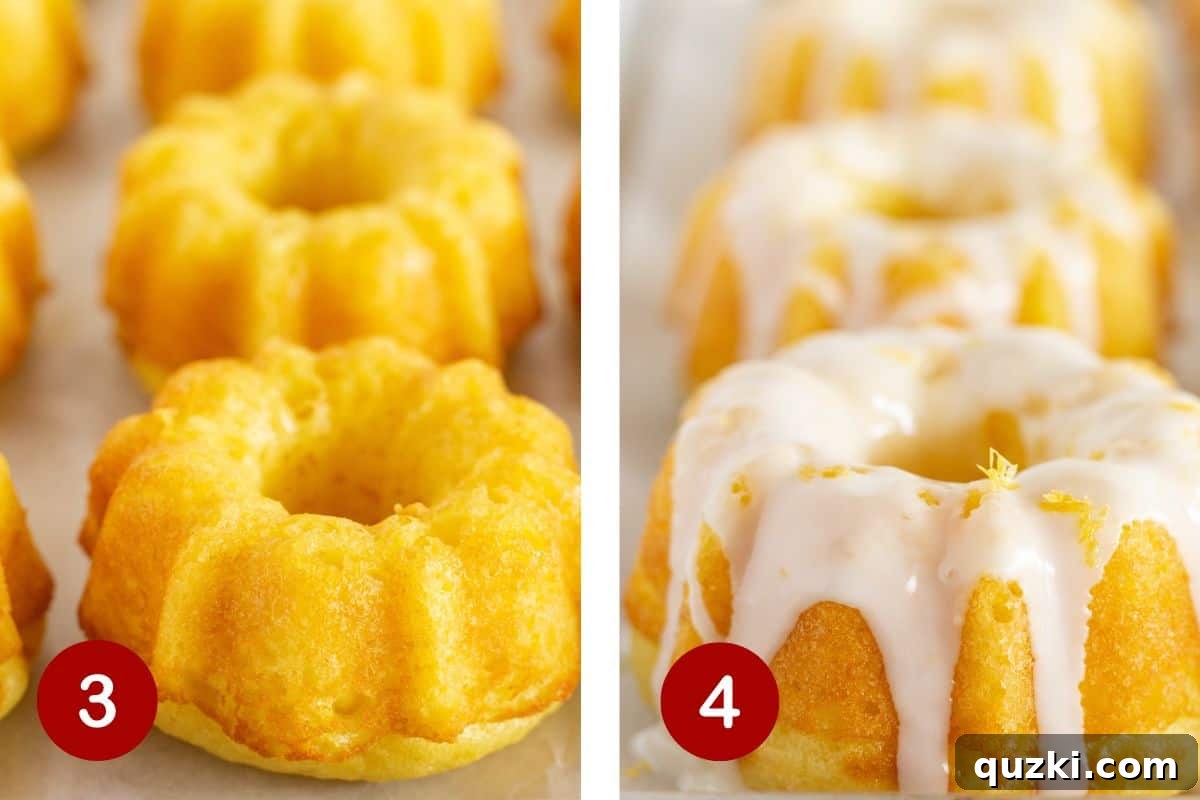 Two images demonstrating the final steps of preparing mini lemon bundt cakes: carefully inverting cooled cakes from the pan and drizzling them generously with a smooth, bright lemon glaze.