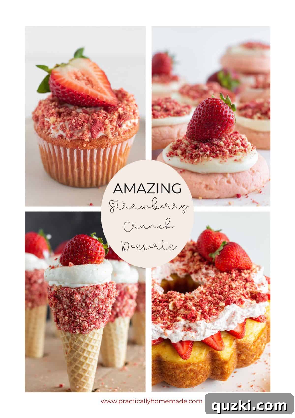 A vibrant collage showcasing various strawberry crunch dessert recipes including cupcakes, cookies, and cheesecake.